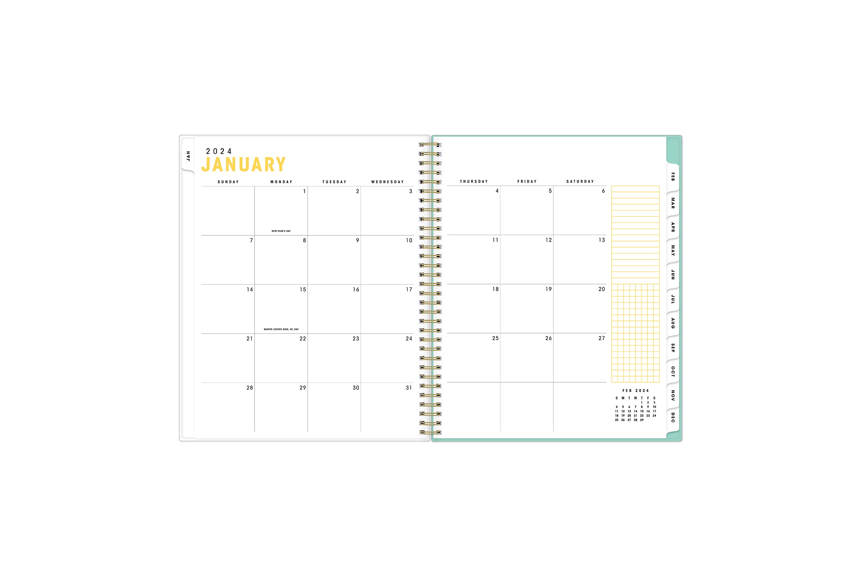 2024 planner featuring a monthly spread blank square dates for important not taking, deadlines, dates, reference calendar, gold wire=o binding, and white monthly tabs