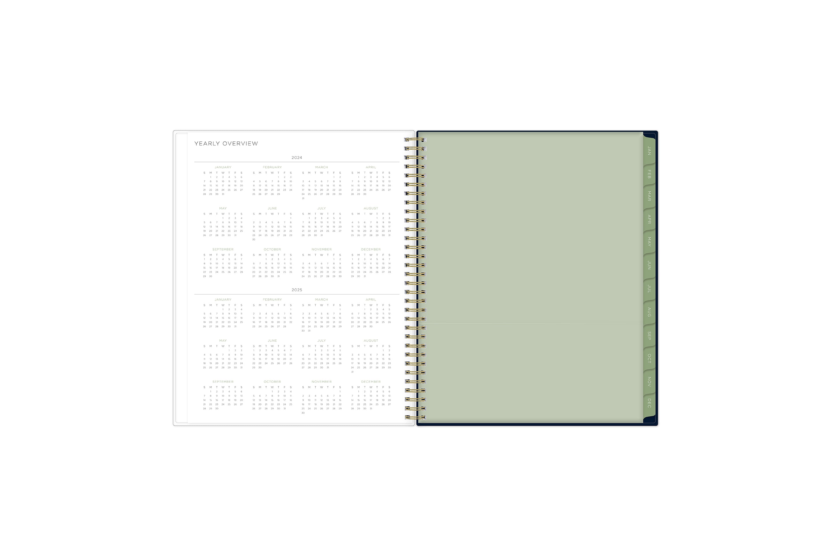 2024-2024 yearly overview spread featuring a view of all the months on one page, and a paper pocket for ultimate storage and organization!