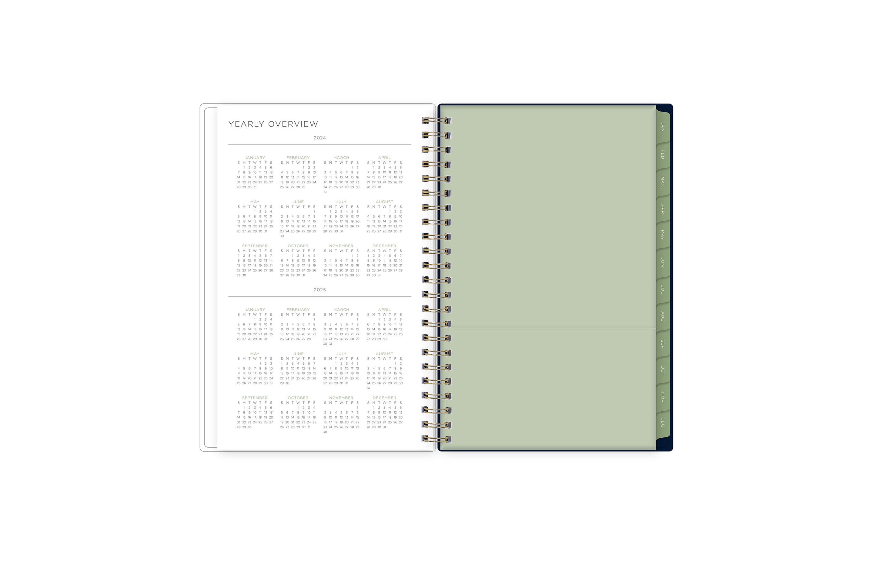 2024-2024 yearly overview spread featuring a view of all the months on one page, and a paper pocket for ultimate storage and organization!