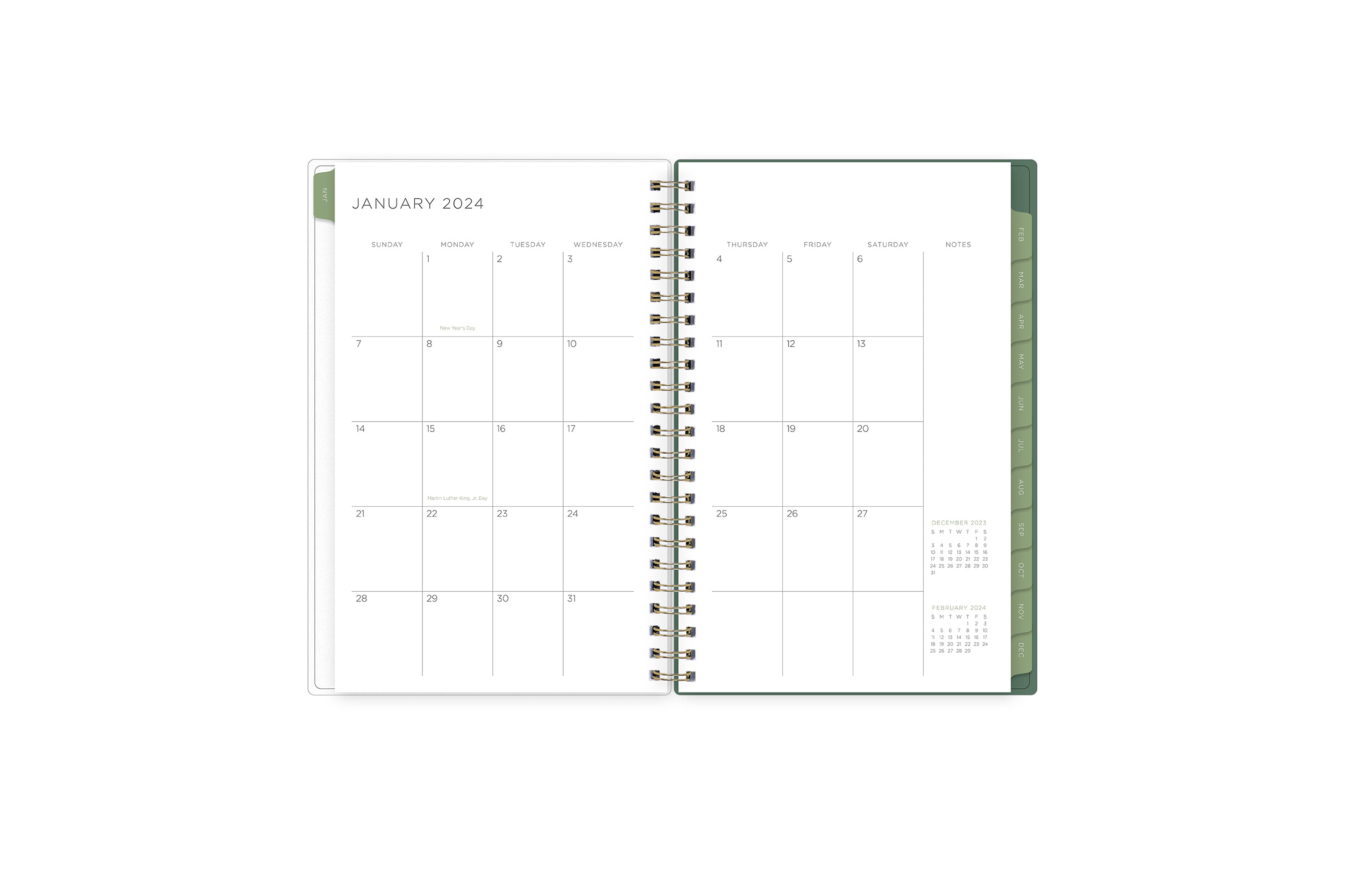 2024 weekly monthly planner featuring a monthly view with lined writing space for each date, reference calendars, and light blue monthly tabs