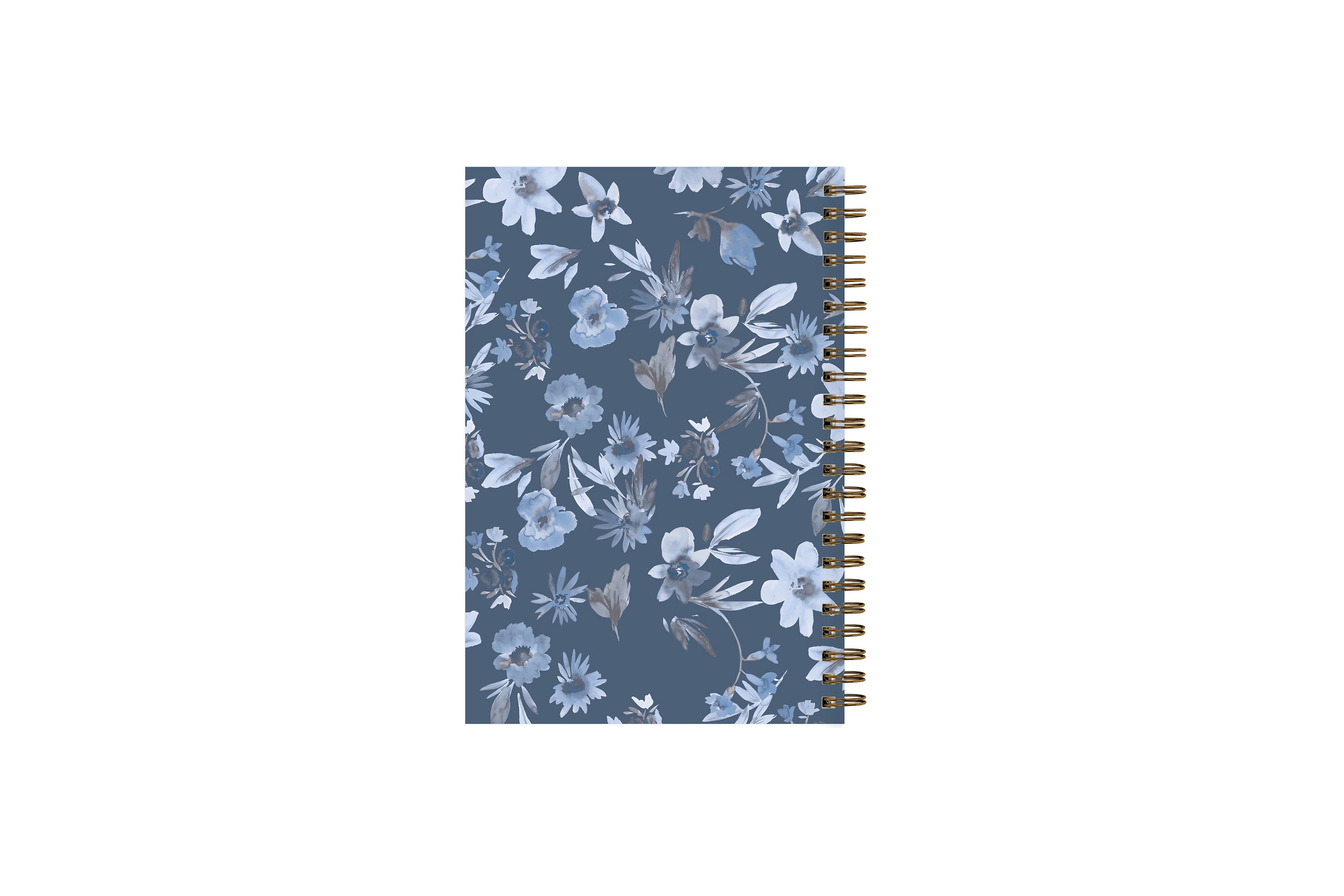 2024 blue sky sustainability weekly monthly planner featuring white and blue floral patterns on a dark blue background 5x8 gold wire-o