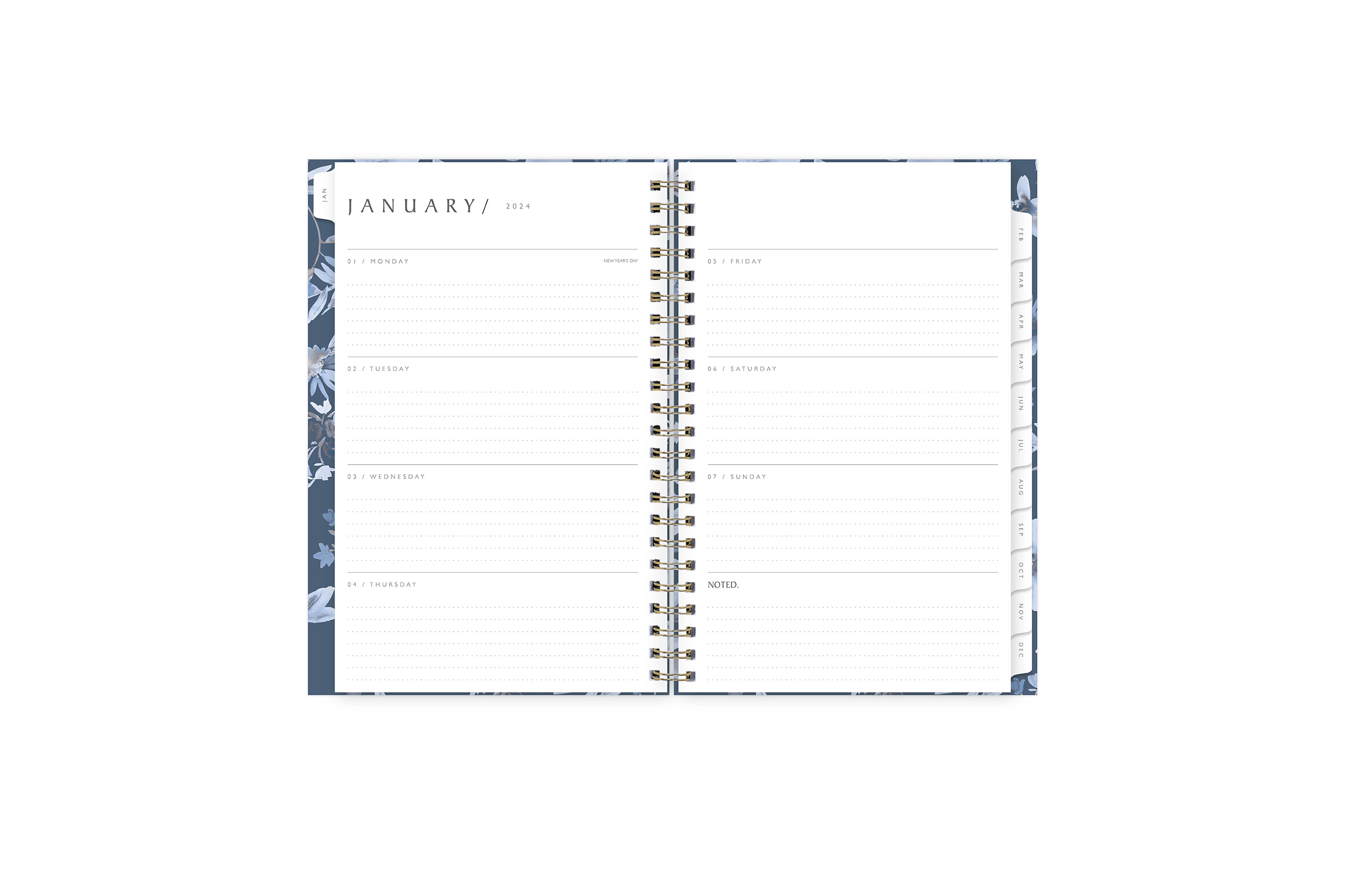 January 2024 - December 2024 weekly monthly planner featuring a weekly spread with lined writing space, notes section, reference calendars, and light purple monthly tabs in 5x8 size
