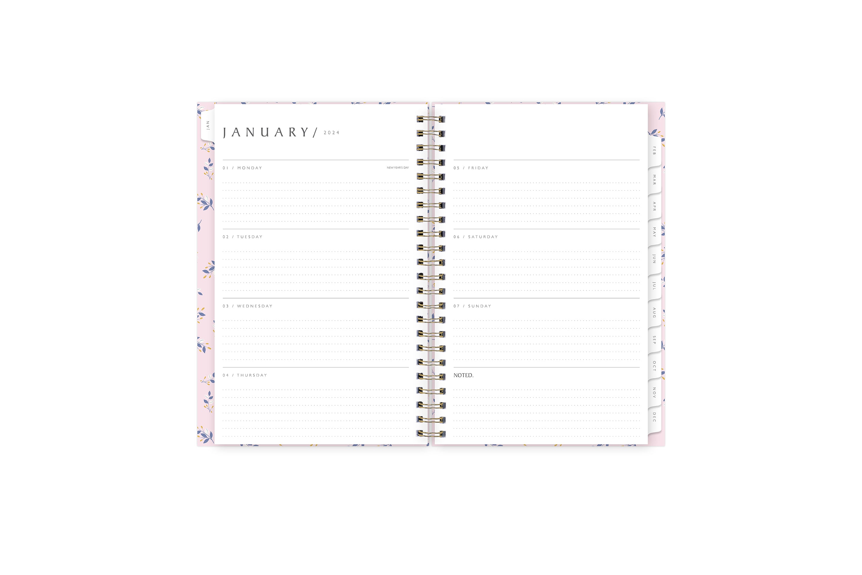 January 2024 - December 2024 weekly monthly planner featuring a weekly spread with lined writing space, notes section, reference calendars, and light purple monthly tabs in 5x8 size