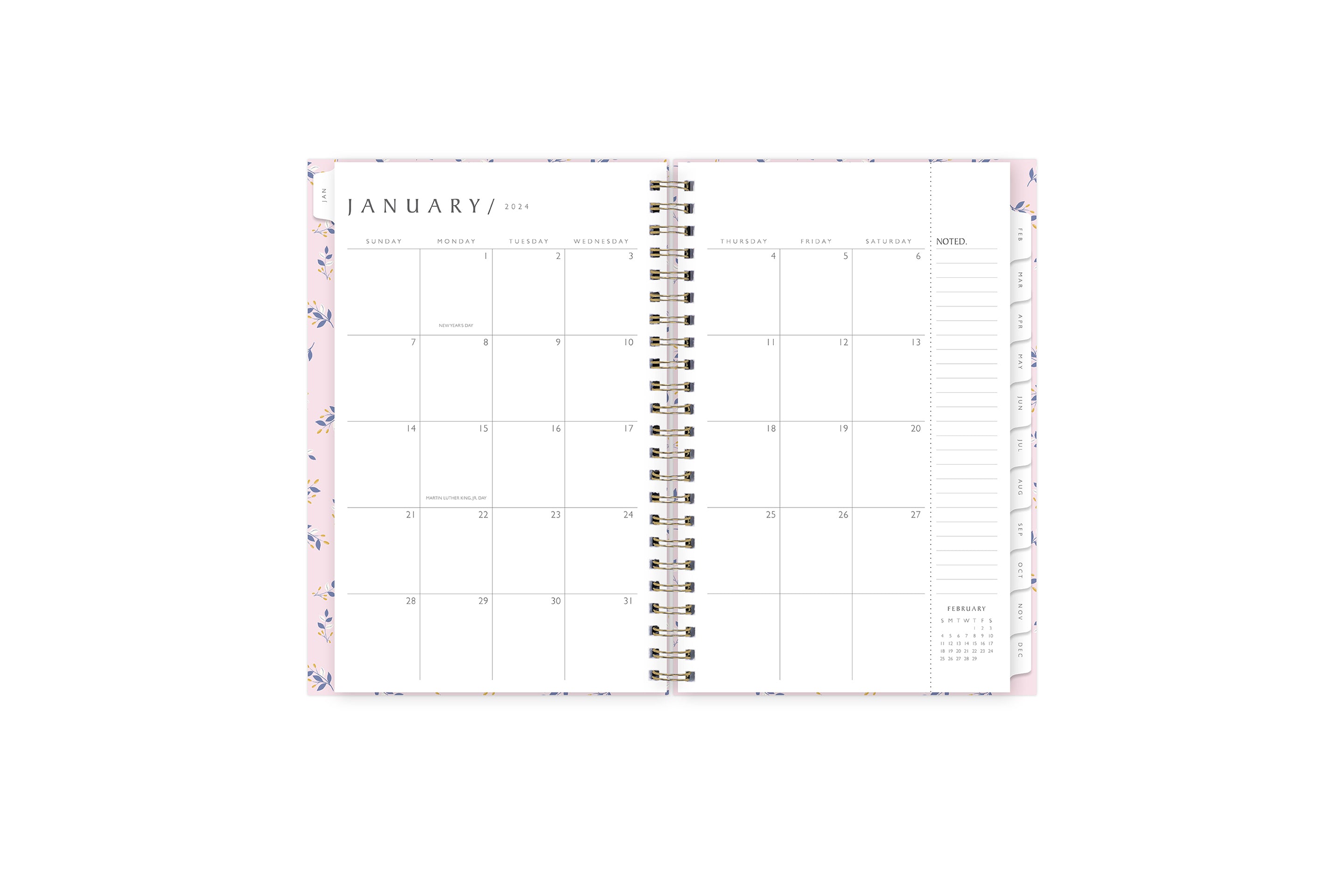January 2024 - December 2024 weekly monthly planner featuring a monthly spread boxes for each day, blank writing space, notes section, reference calendars, and light purple monthly tabs in 5x8 size