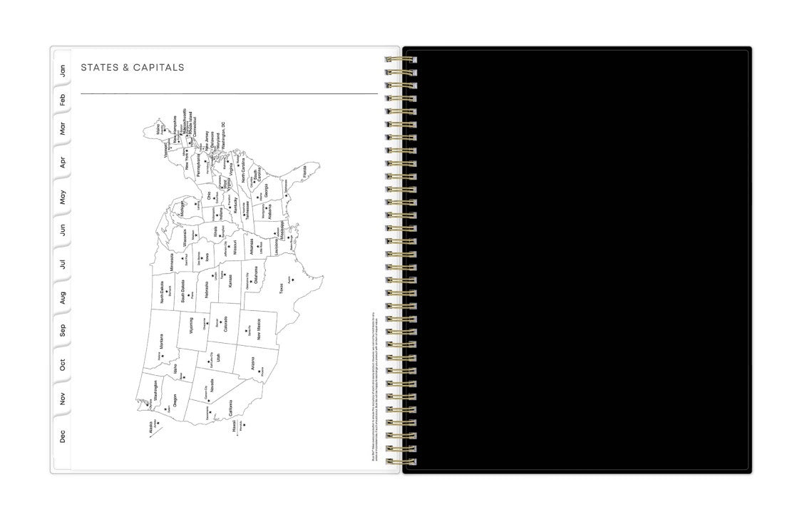 January 2026 - December 2026 weekly monthly planner from Blue Sky features beautiful floral cover design with black background and gold binding 8.5x11 black back cover