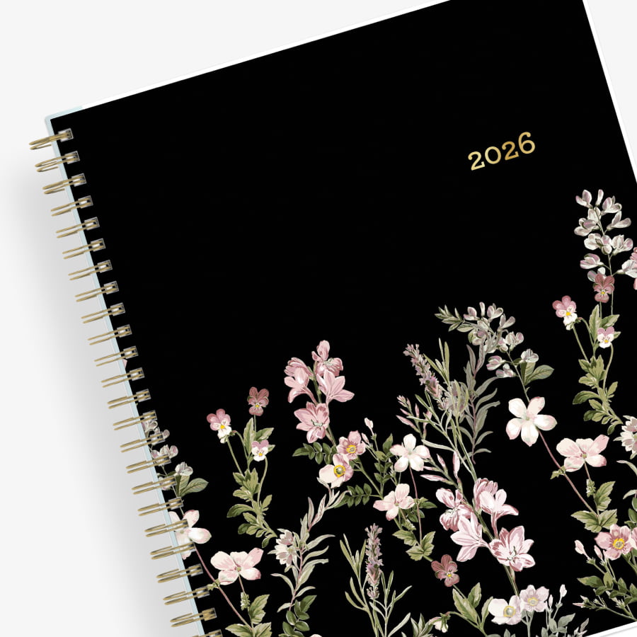 January 2026 - December 2026 monthly planner from Blue Sky features beautiful floral cover design with black background and gold binding 8.5x11
