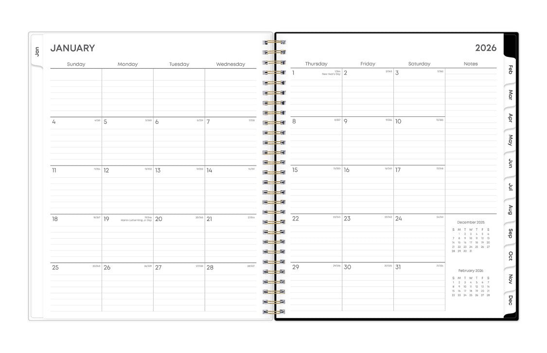January 2026 - December 2026 weekly monthly planner featuring a monthly spread boxes for each day, lined writing space, notes section, reference calendars, and mint monthly tabs in 8.5x11 size