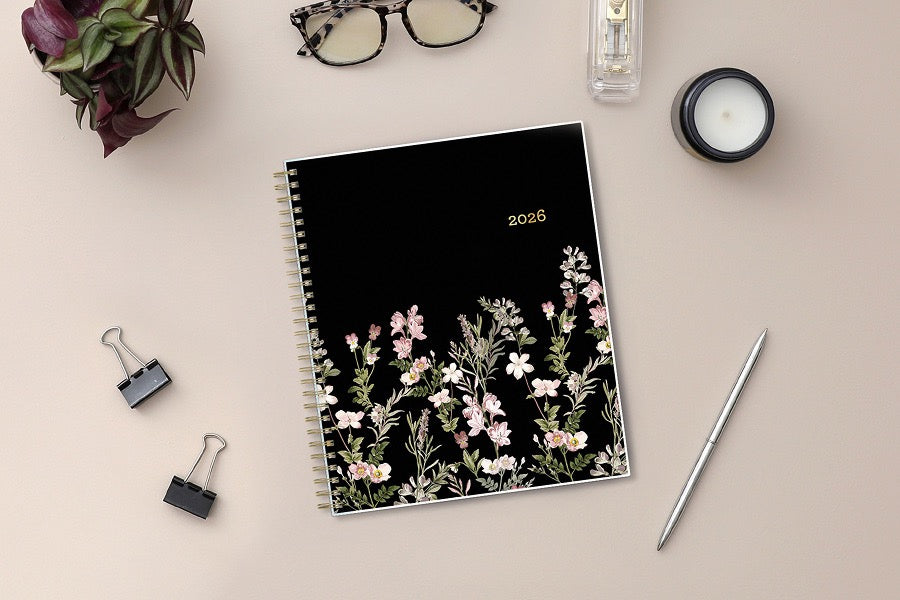 January 2026 - December 2026 monthly planner from Blue Sky features beautiful floral cover design with black background and gold binding 8.5x11