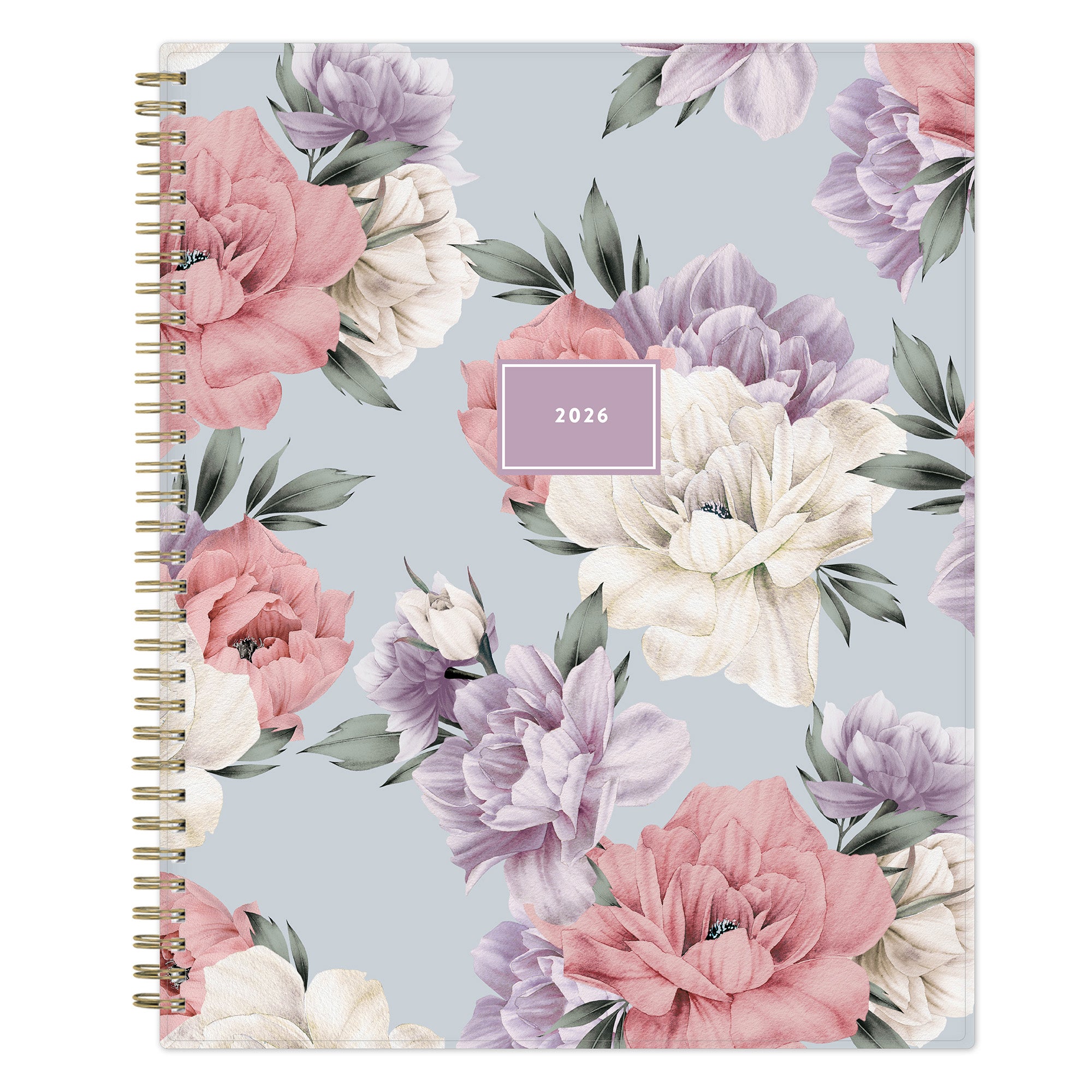 2026 weekly monthly planner featuring floral pattern and gold twin wire-o binding in 8.5x11 planner size