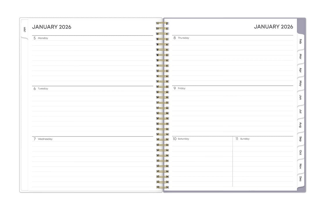 This January 2026 - December 2026 weekly monthly planner features a weekly spread with ample lined writing space for each day, notes section, to -do list, and monthly tabs for easy navigating in a 8.5x11 planner size