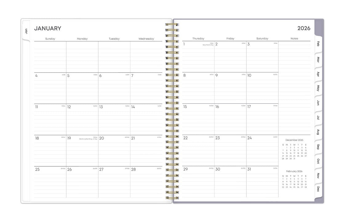 This January 2026 - December 2026 weekly monthly planner features a monthly spread with blank writing space for each day, lined notes section, reference calendars, and monthly tabs for easy navigating in a 8.5x11 planner size