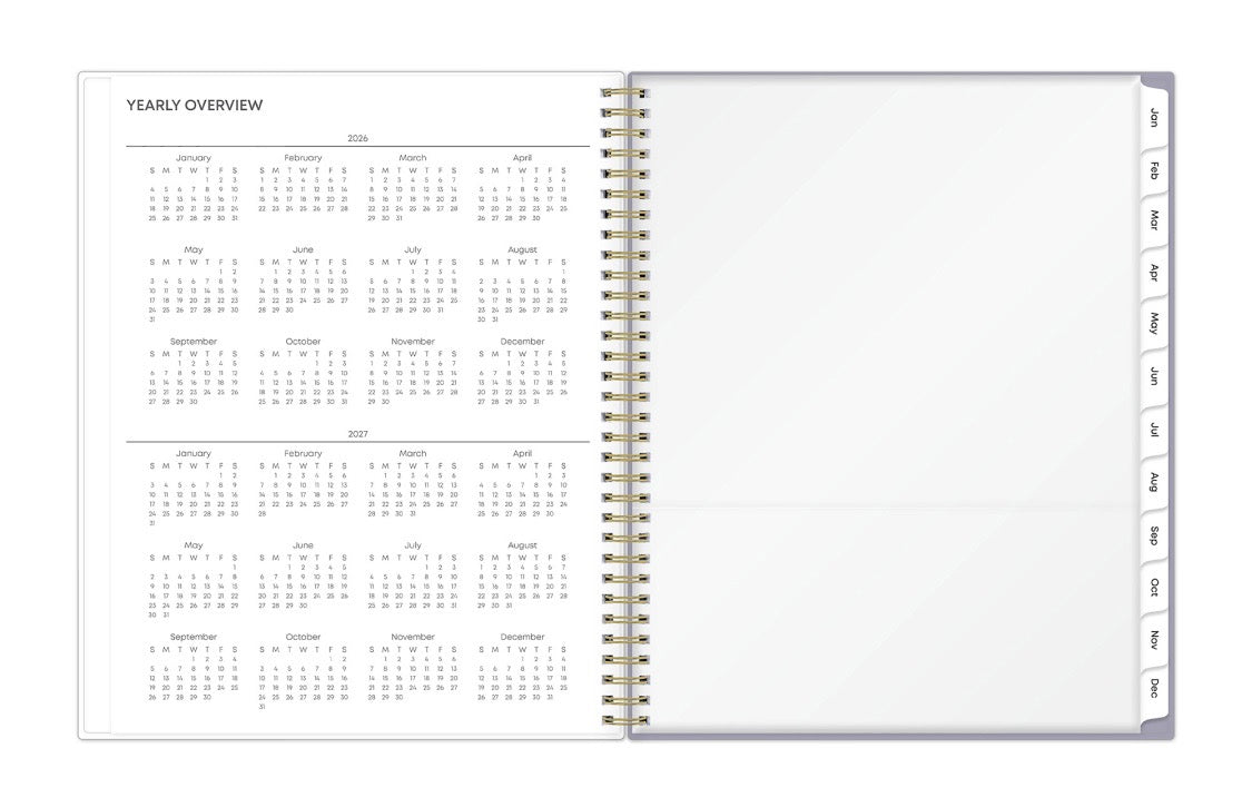 Open planner showing yearly overview with a white background 2026 and 2027 with storage pocket