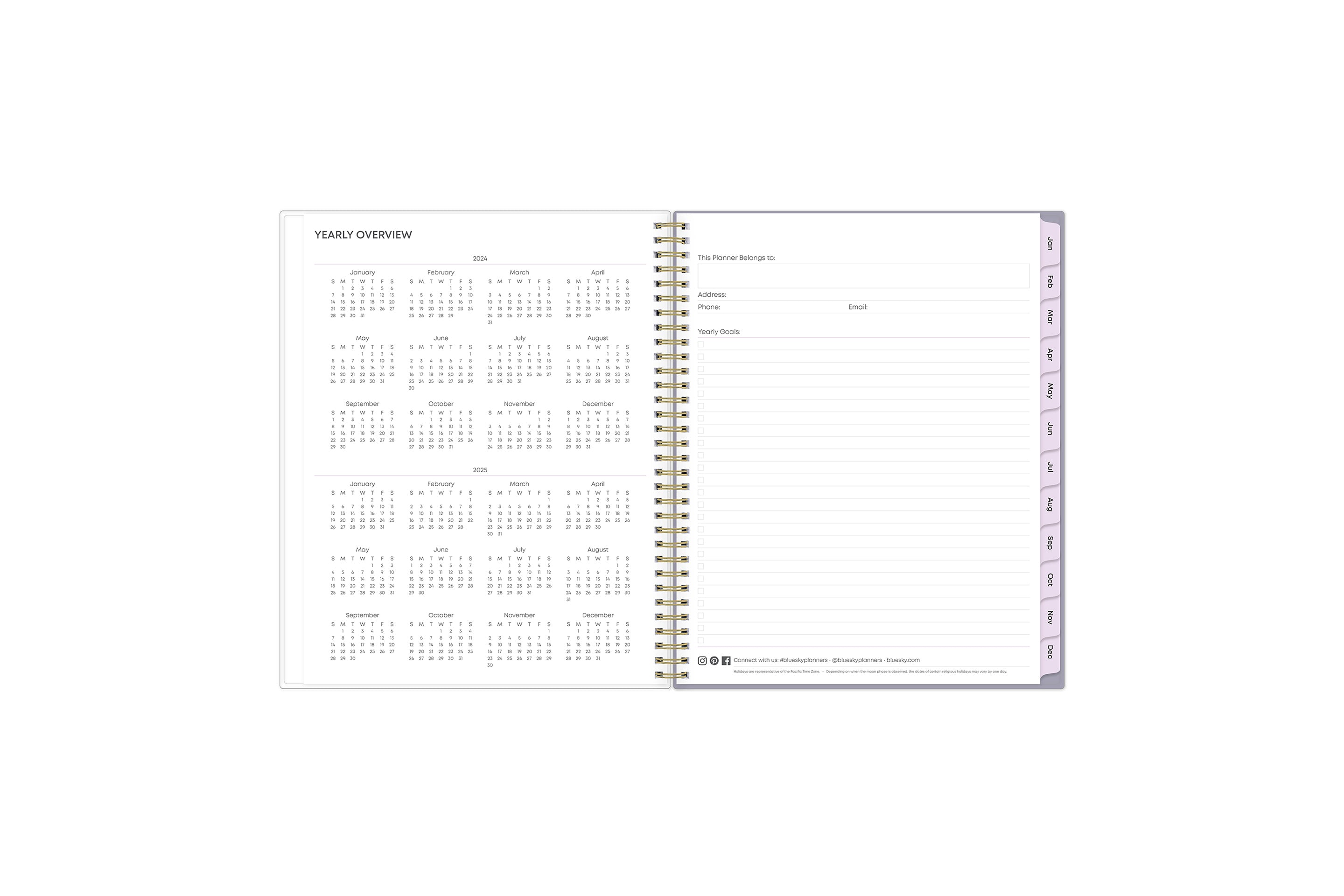 This 8.5x11 2024 weekly monthly planner featuring a yearly overview for both 2024 and 2024, a yearly goals recap to review end of the year, and contact page.