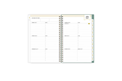 weekly and monthly planner featuring a weekly spread with notes section, to-do list, and gold font white colored tabs in 5x8 planner size
