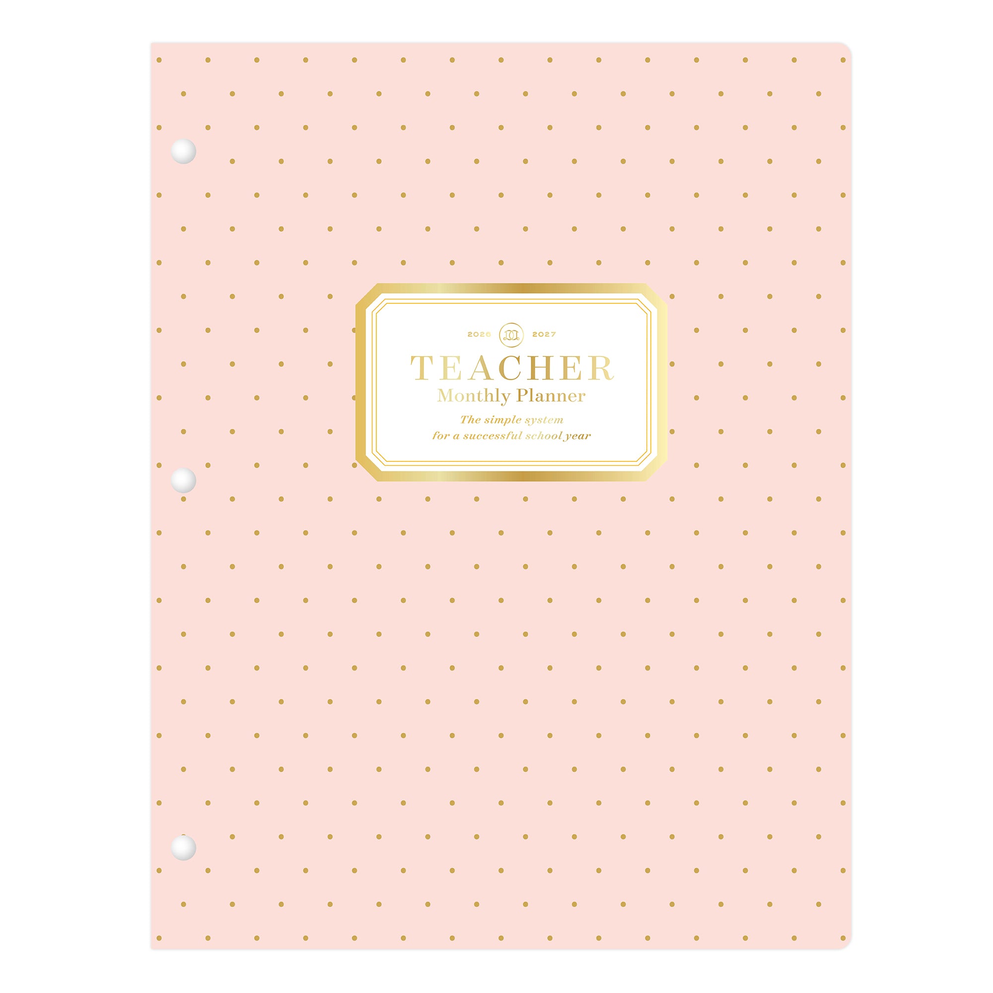 Pink with gold polka dots teacher monthly lesson planner and a gold label on a white background