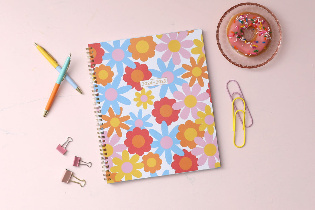 burst of floral patterns and colors on this planner notes 8.5x11 for July 2024- June 2025