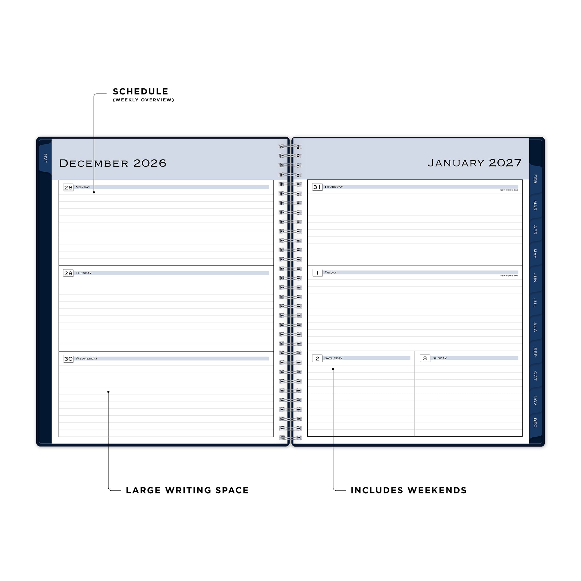 2027 weekly monthly solid navy 8.5x11 planner featuring a weekly layout with lined writing space, navy monthly tabs