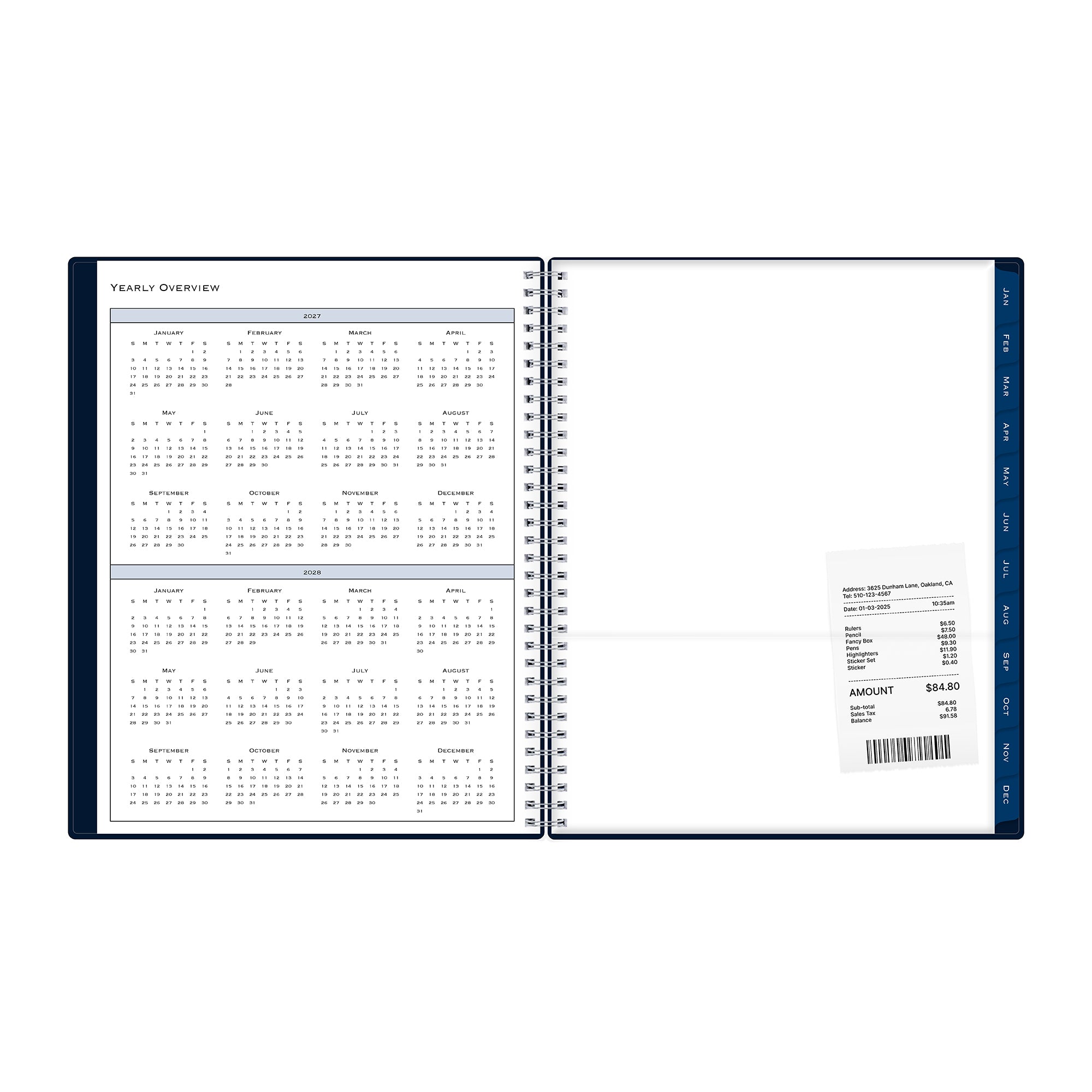 2027 and 2028 yearly overview with reference calendar and poly clear storage pocket for notes or anything to be stored.