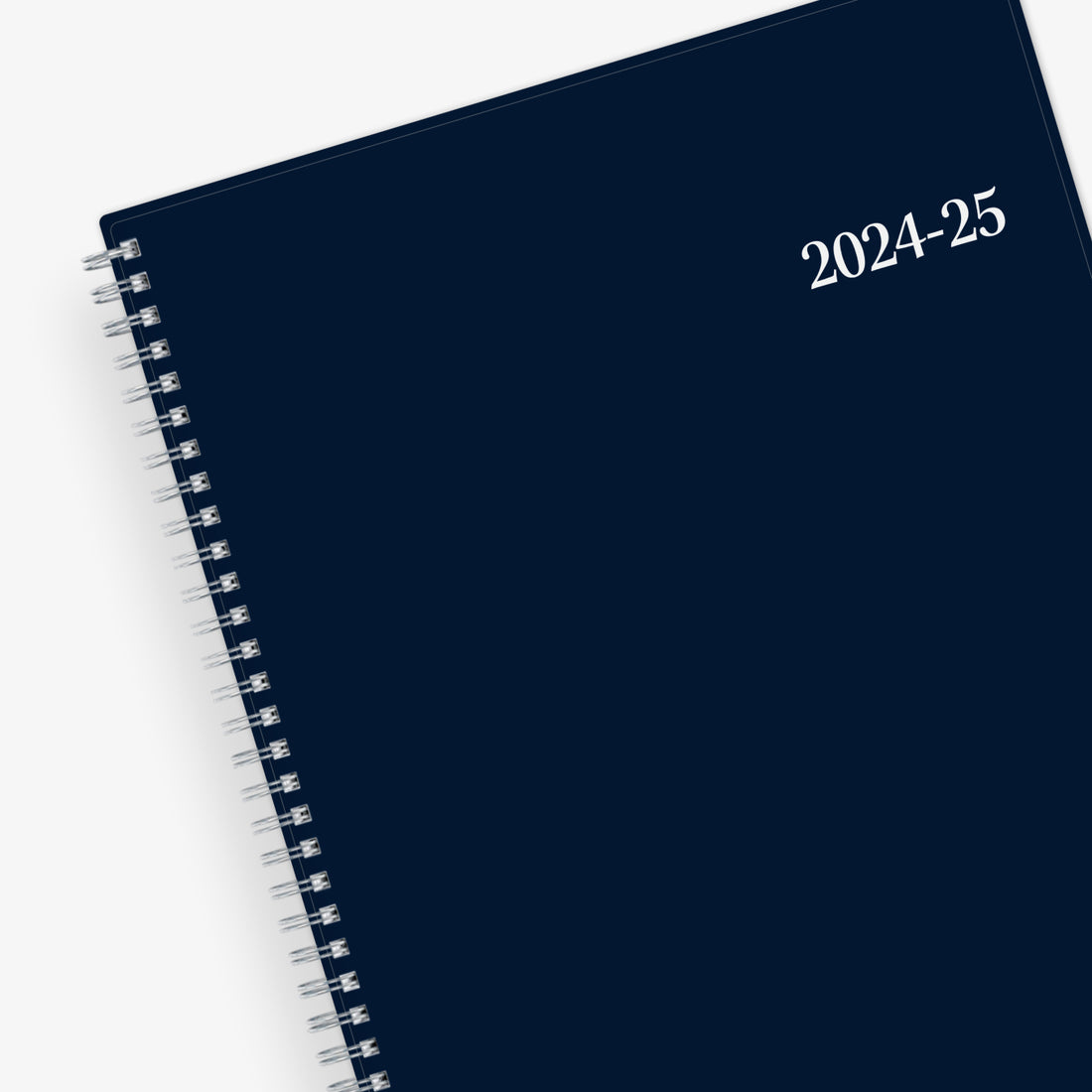 weekly monthly academic planner featuring a solid navy cover and silver twin wire-o binding 8.5x11 size for July 2024- June 2025