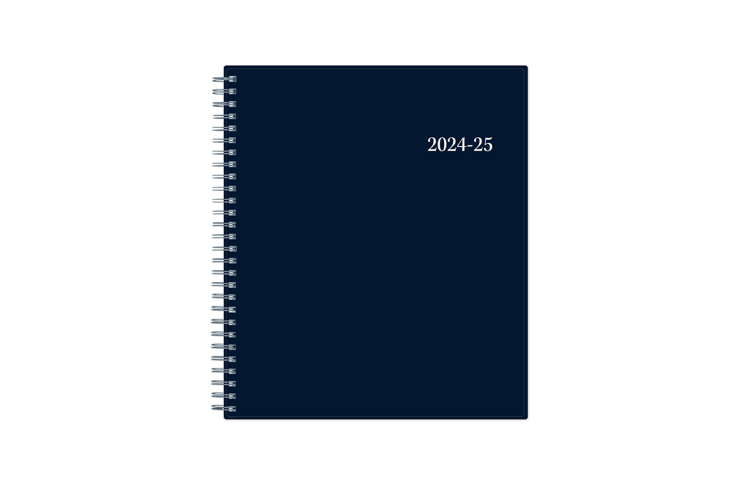 academic planner featuring a solid navy cover and silver twin wire-o binding 8x10 size