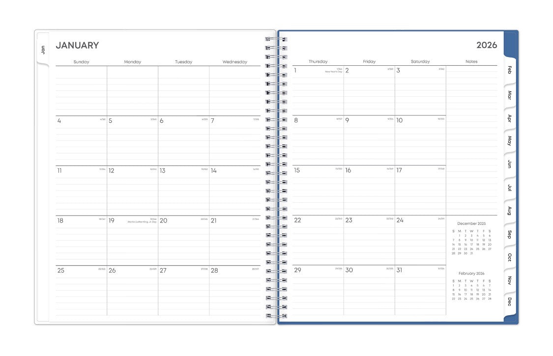 January 2026 - December 2026 weekly monthly planner featuring a monthly spread boxes for each day, lined writing space, notes section, reference calendars, and white monthly tabs in 8.5x11  size