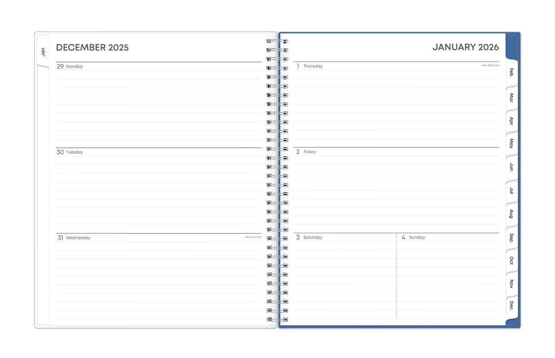 January 2026 - December 2026 weekly monthly planner featuring a monthly spread boxes for each day, lined writing space, notes section, reference calendars, and light blue monthly tabs in 8.5x11 size