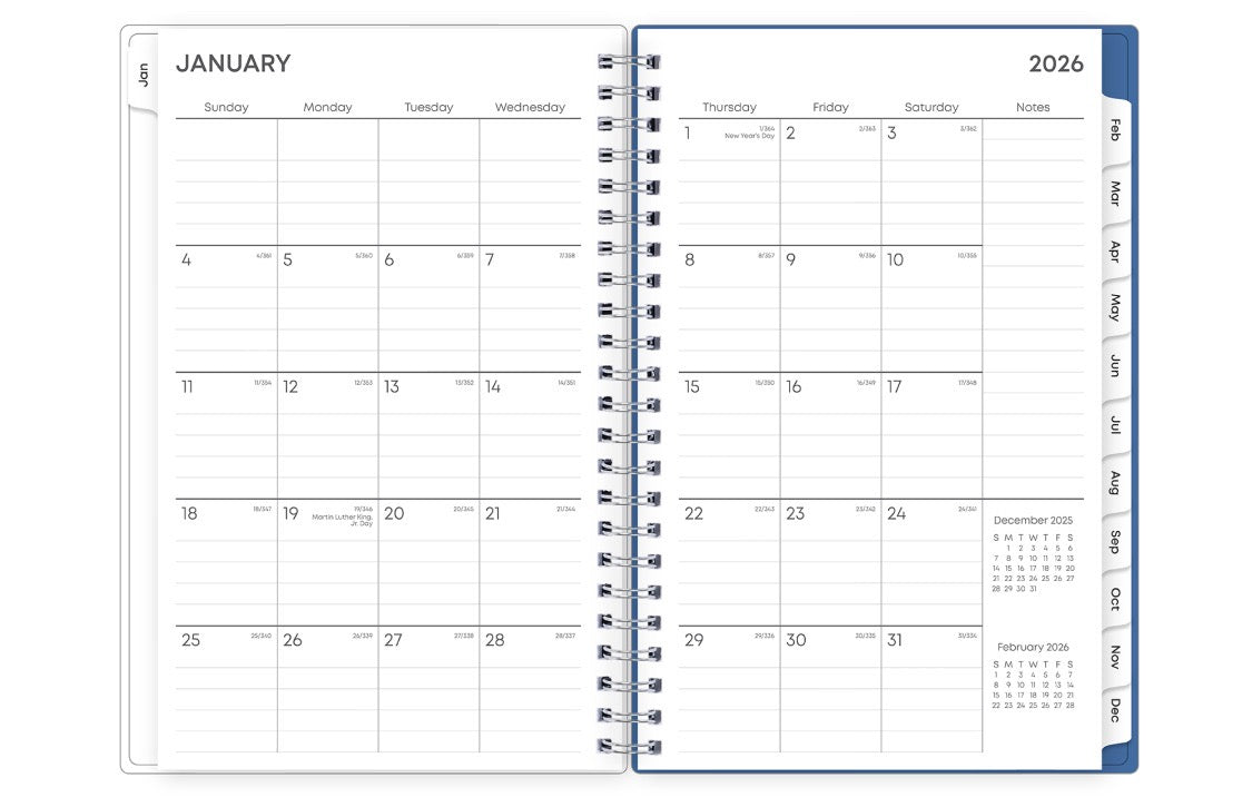 January 2026 - December 2026 weekly monthly planner featuring a monthly spread boxes for each day, lined writing space, notes section, reference calendars, and white monthly tabs in 5x8 size