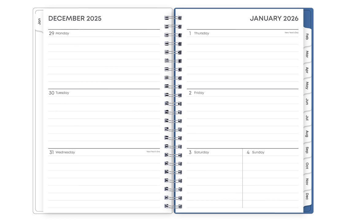 January 2026 - December 2026 weekly monthly planner featuring a monthly spread boxes for each day, lined writing space, notes section, reference calendars, and light blue monthly tabs in 5x8 size