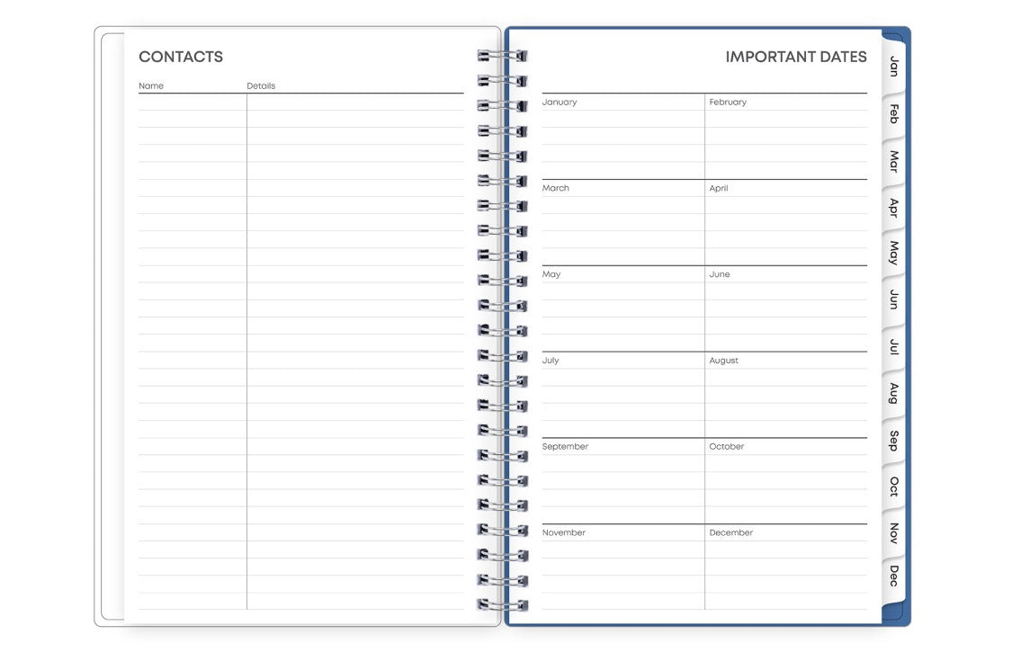 Two spiral-bound planner pages showing contact and important dates sections.
