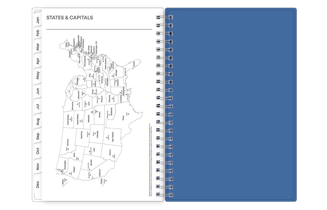Notebook with a map of the United States on one side and blue cover on the other