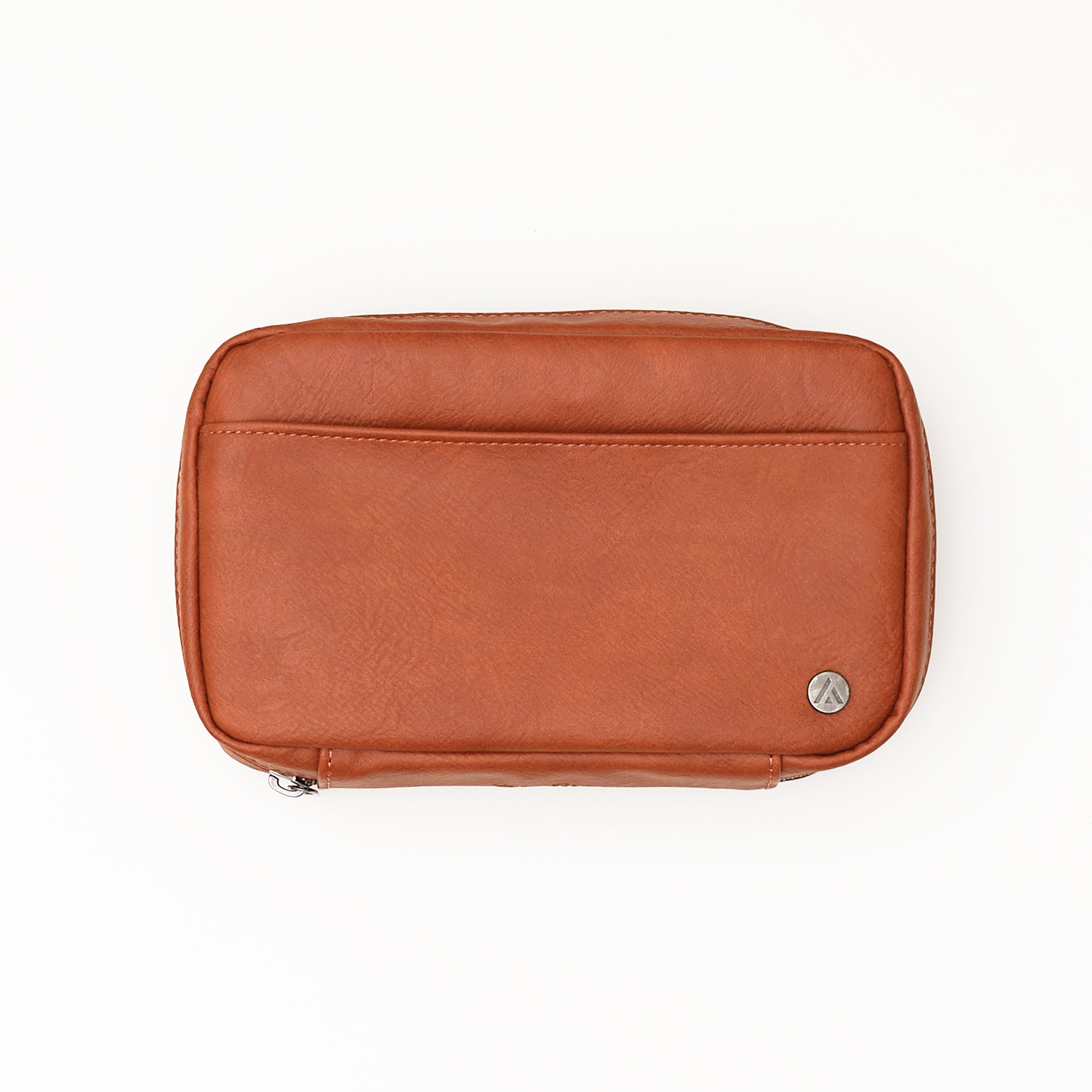tan faux leather tech organizer, multiple pockets, mesh and elastic holders