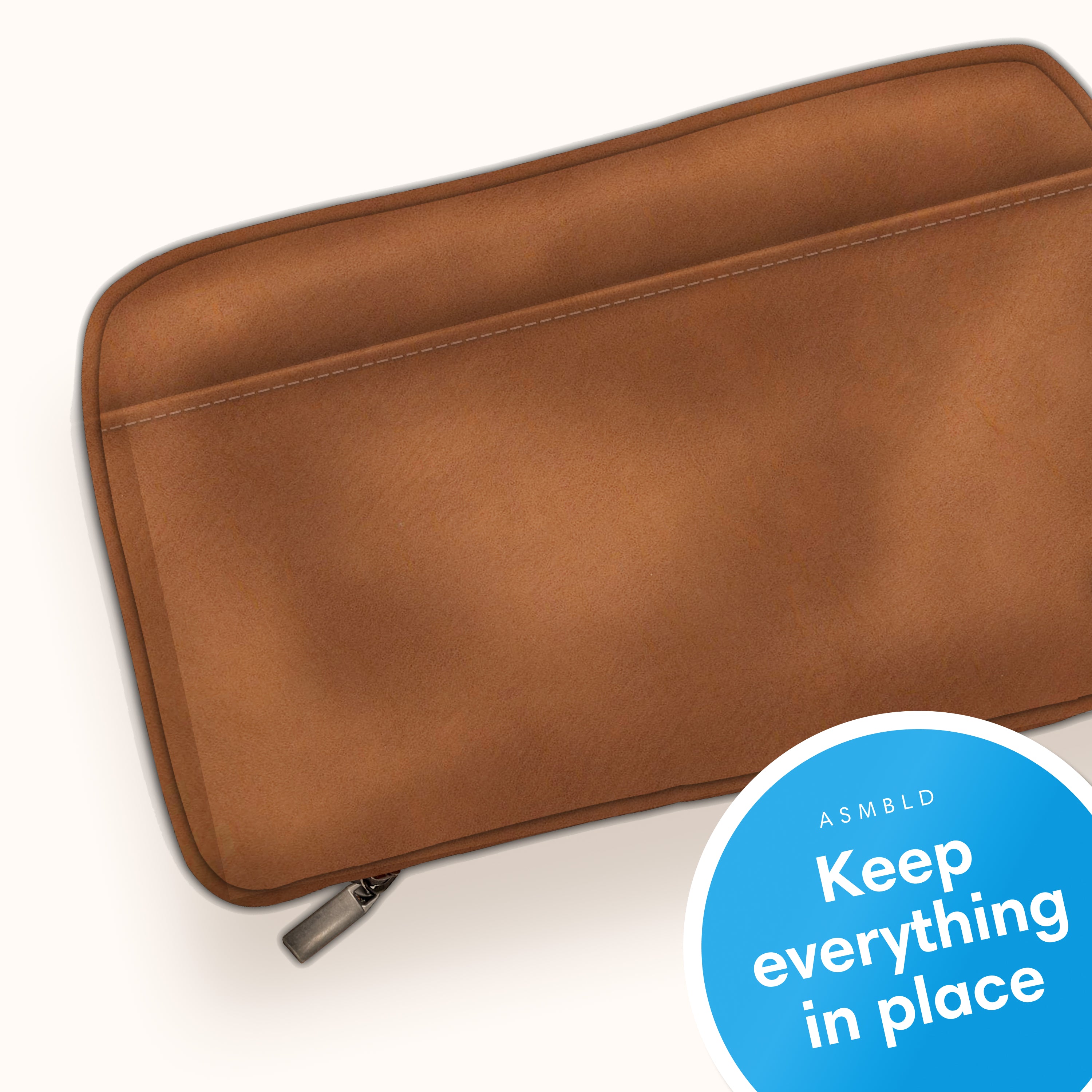tan faux leather tech organizer, multiple pockets, mesh and elastic holders