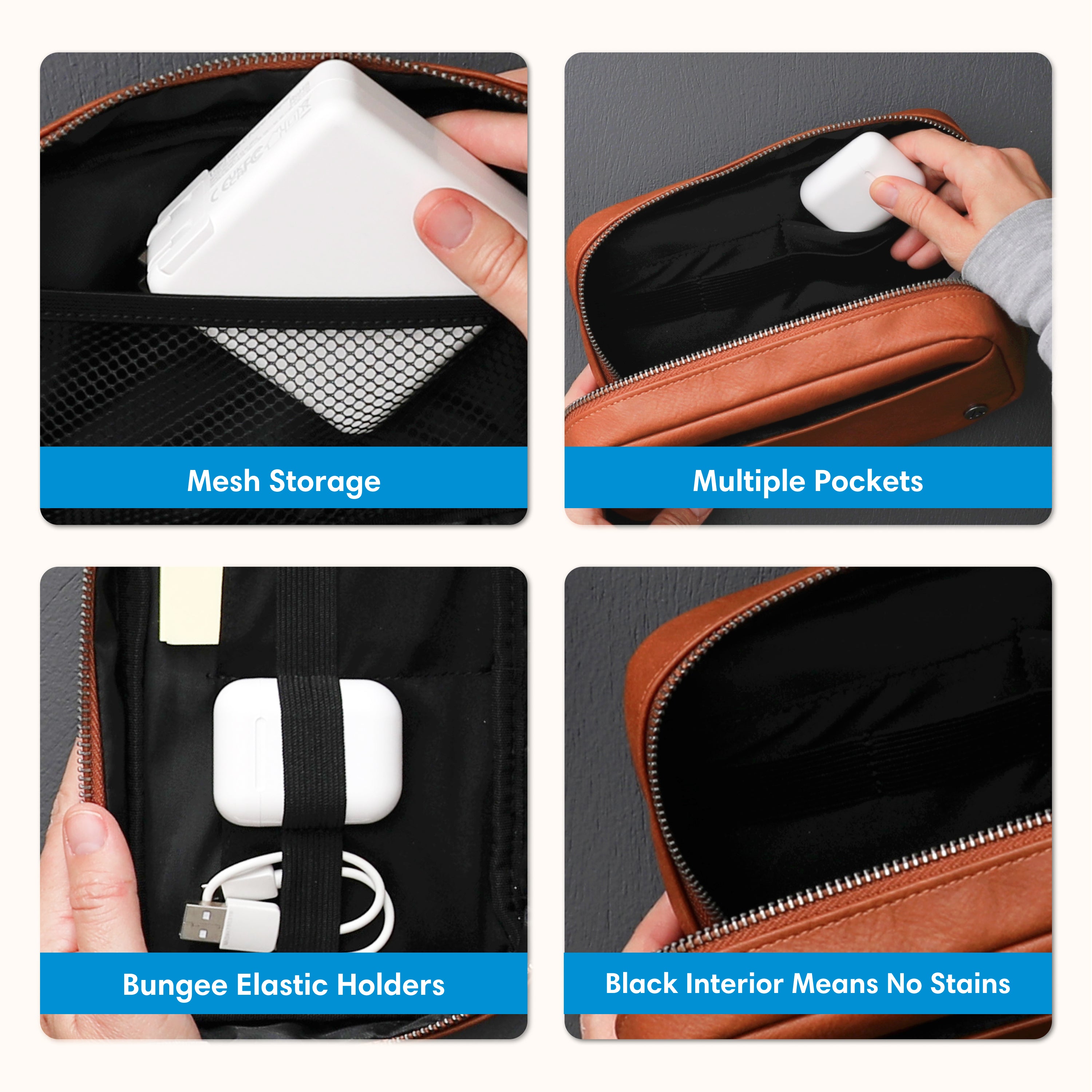 tan faux leather tech organizer, multiple pockets, mesh and elastic holders