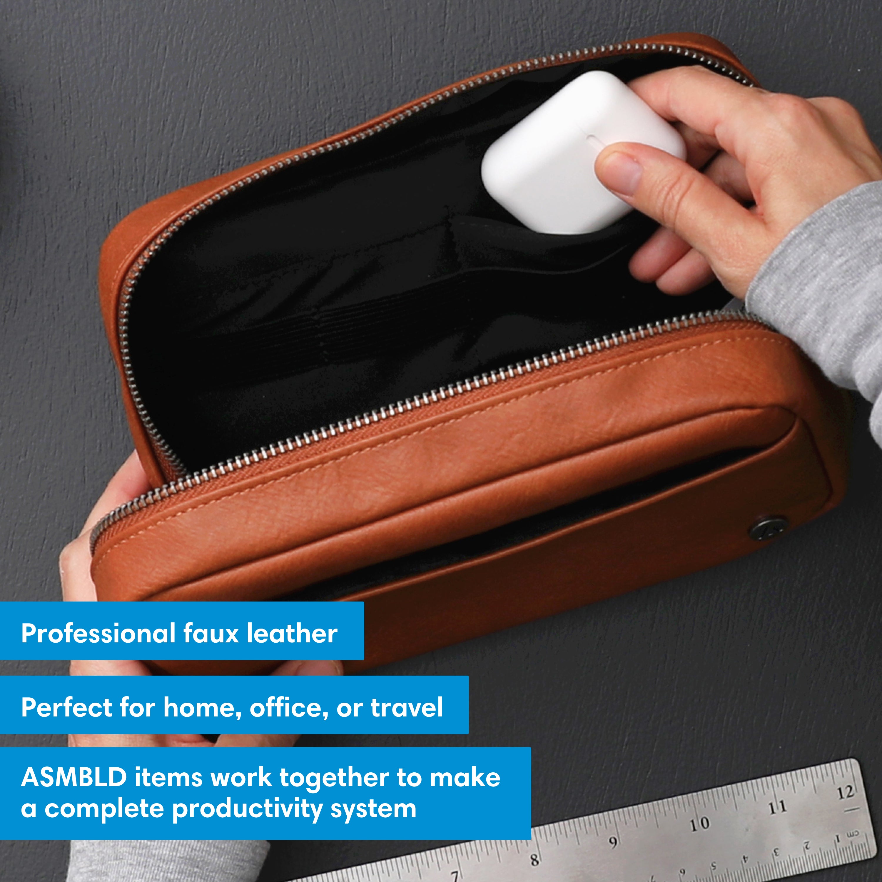 tan faux leather tech organizer, multiple pockets, mesh and elastic holders