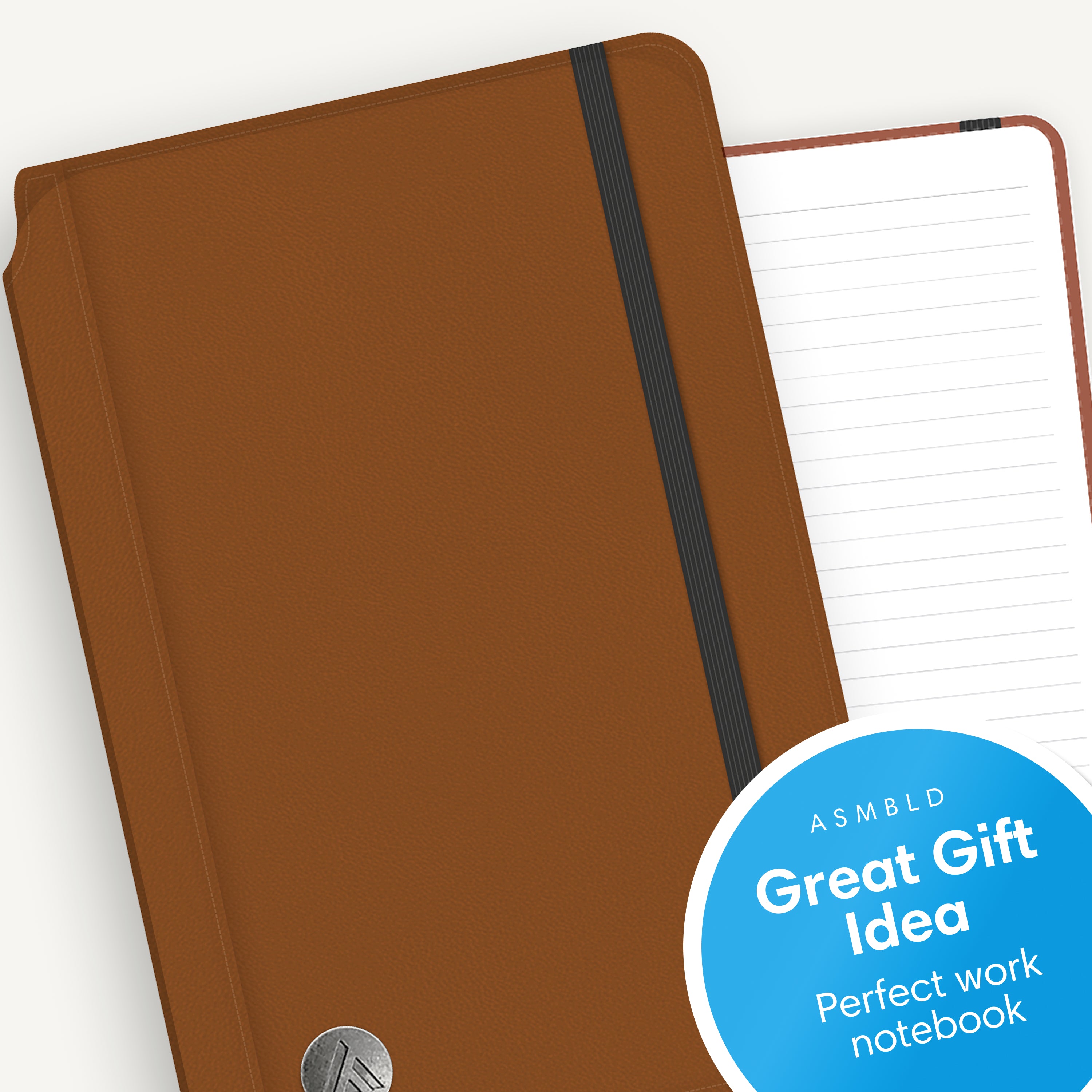 Brown notebook with a black elastic strap on a white background lined writing space