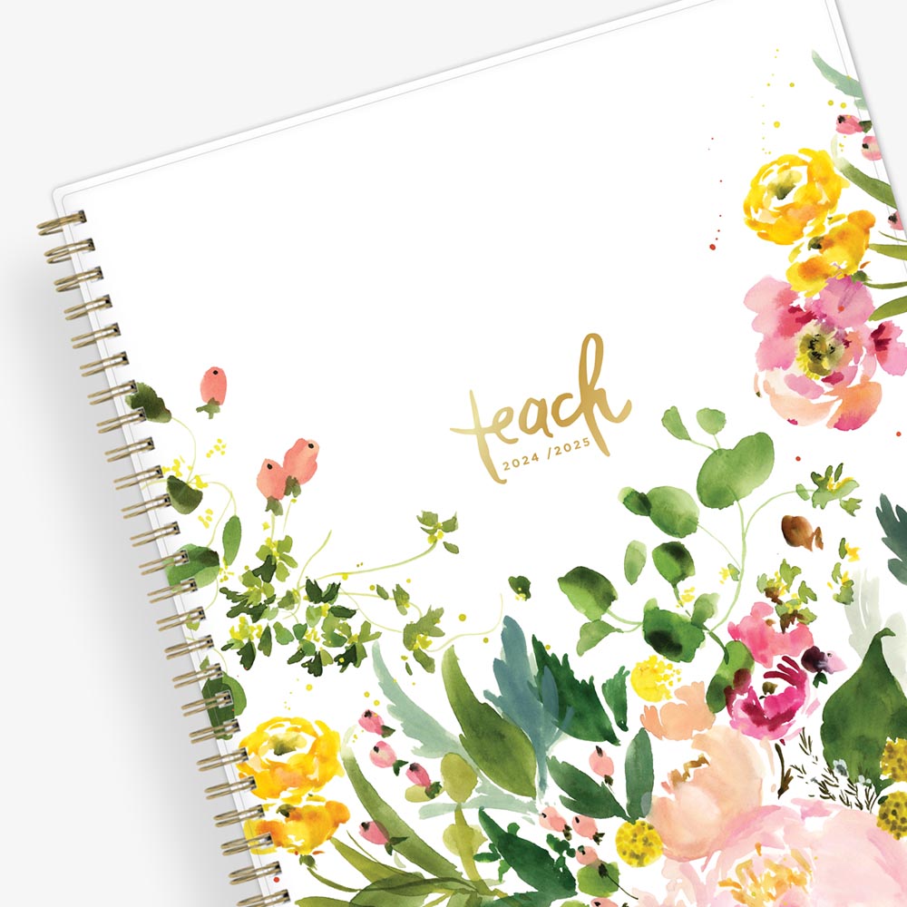 academic teacher lesson planner with weekly and monthly layouts featuring a multi colored floral front cover in 8.5x11 planner size for July 2024- June 2025