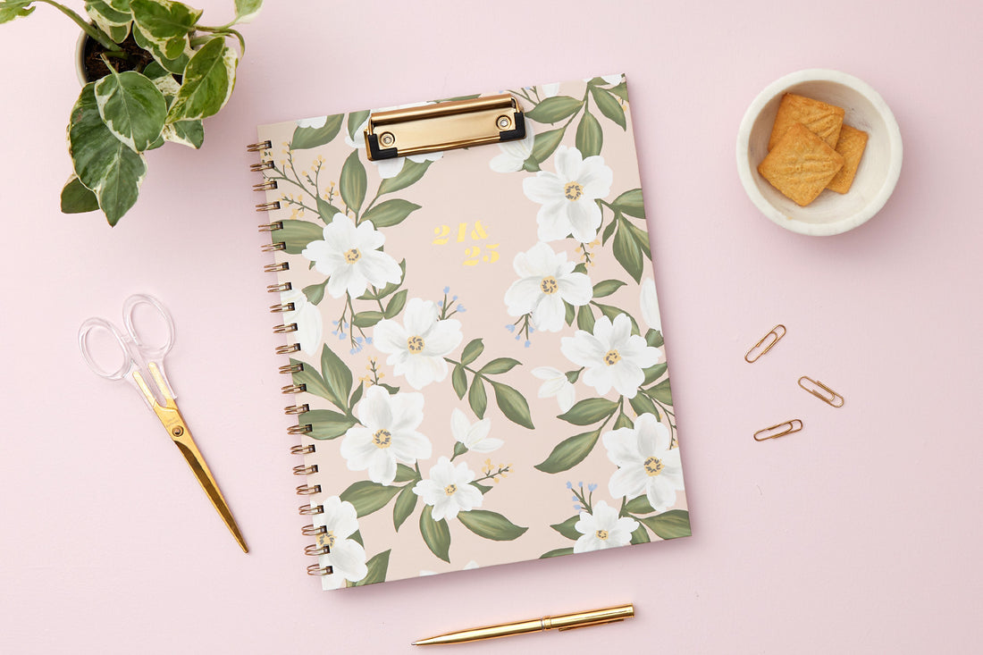 beautiful white floral soft olive green brushed leaves on 8.5x11 planner with attached clipfolio for July 2024- June 2025