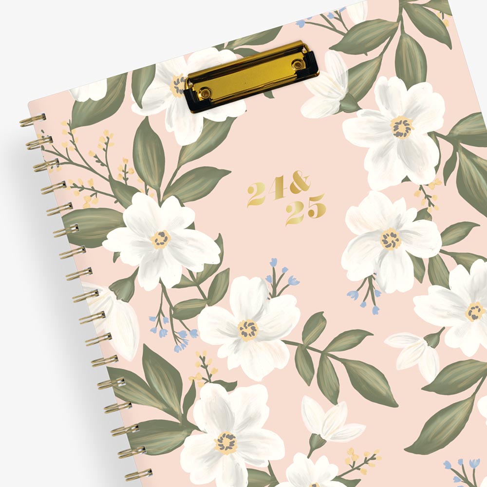 beautiful white floral soft olive green brushed leaves on 8.5x11 planner with attached clipfolio for July 2024- June 2025
