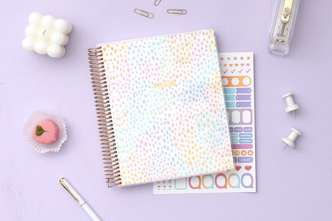 Livewell planner line featuring this awesome rainbow inspired dots weekly monthly academic planner for July 2024- June 2025 featuring a sticker sheet
