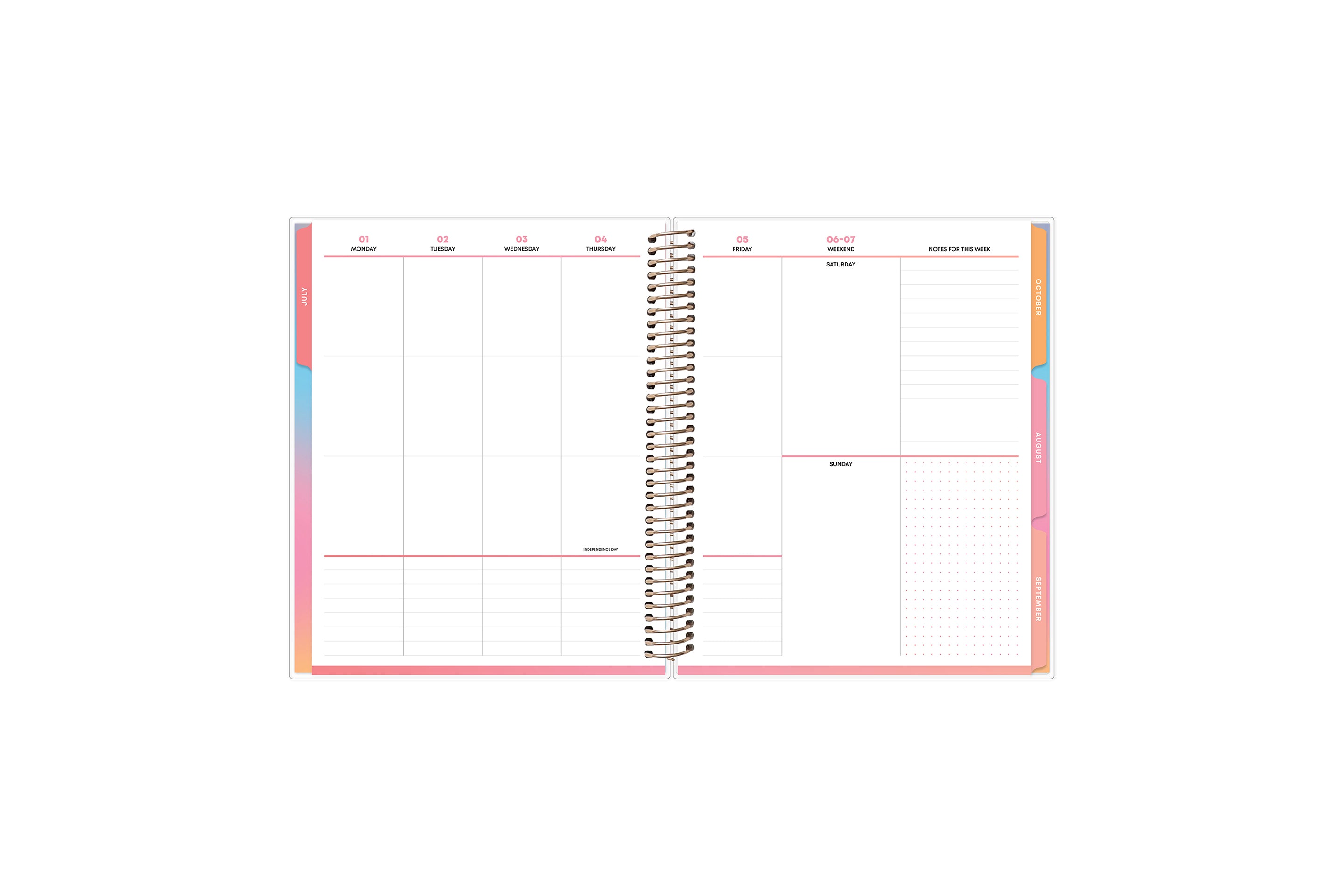 plan vertically with this weekly monthly planner with rainbow colored monthly tabs, grid notes section,  both lined and blank writing space.