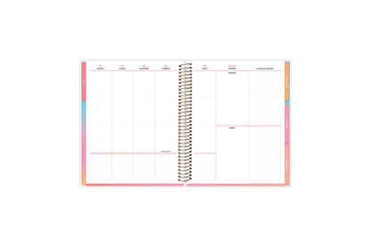 plan vertically with this weekly monthly planner with rainbow colored monthly tabs, grid notes section,  both lined and blank writing space.