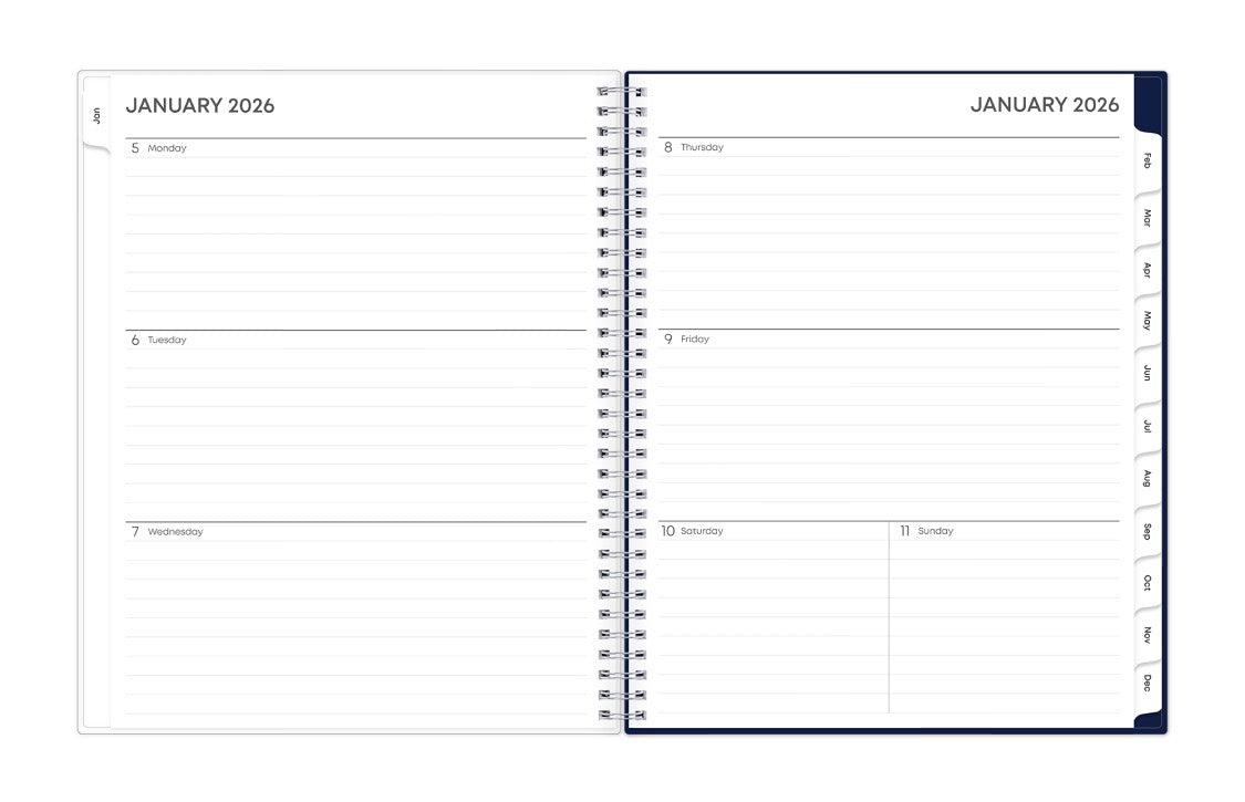 january 2026 to december 2026 weekly monthly planner weekly spread featuring lined writing space and white monthly tabs
