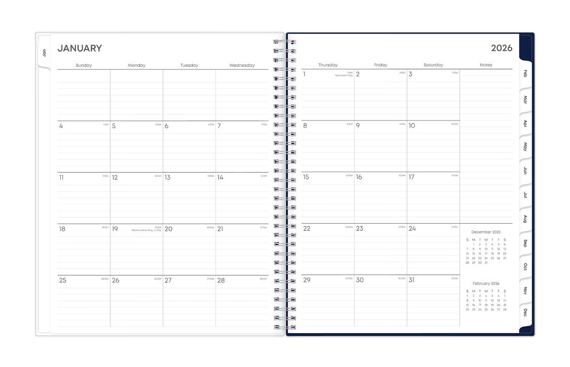 january 2026 to december 2026 monthl monthly planner monthly spread featuring lined writing space and white monthly tabs, notes section and reference calendars