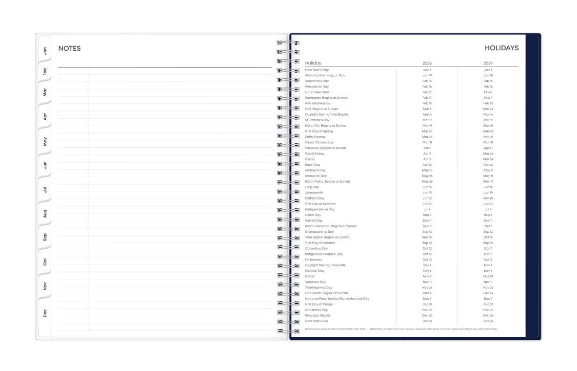 Spiral-bound planner with two columns labeled &