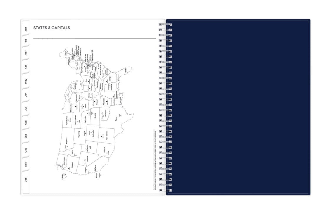 Notebook with a map of the United States on one page and a blank navy blue page on the other