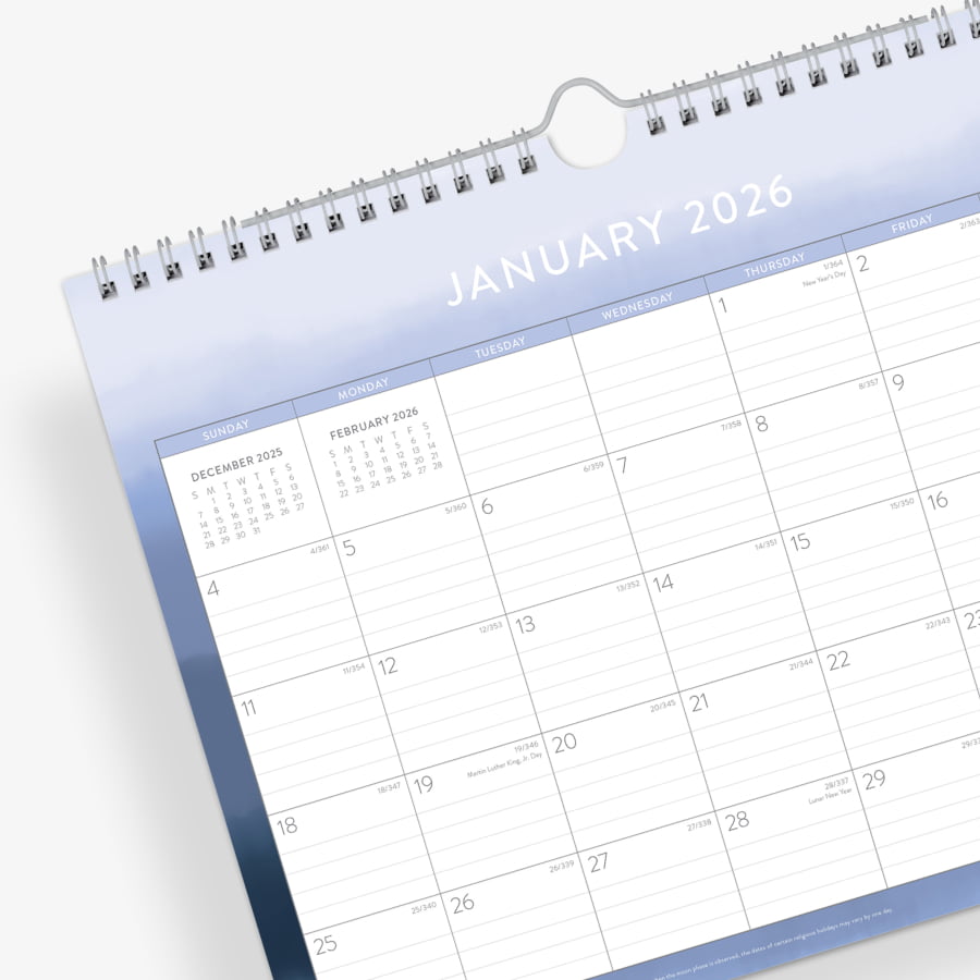 january 2026 to december 2027 monthly wall calendar blue ombre border