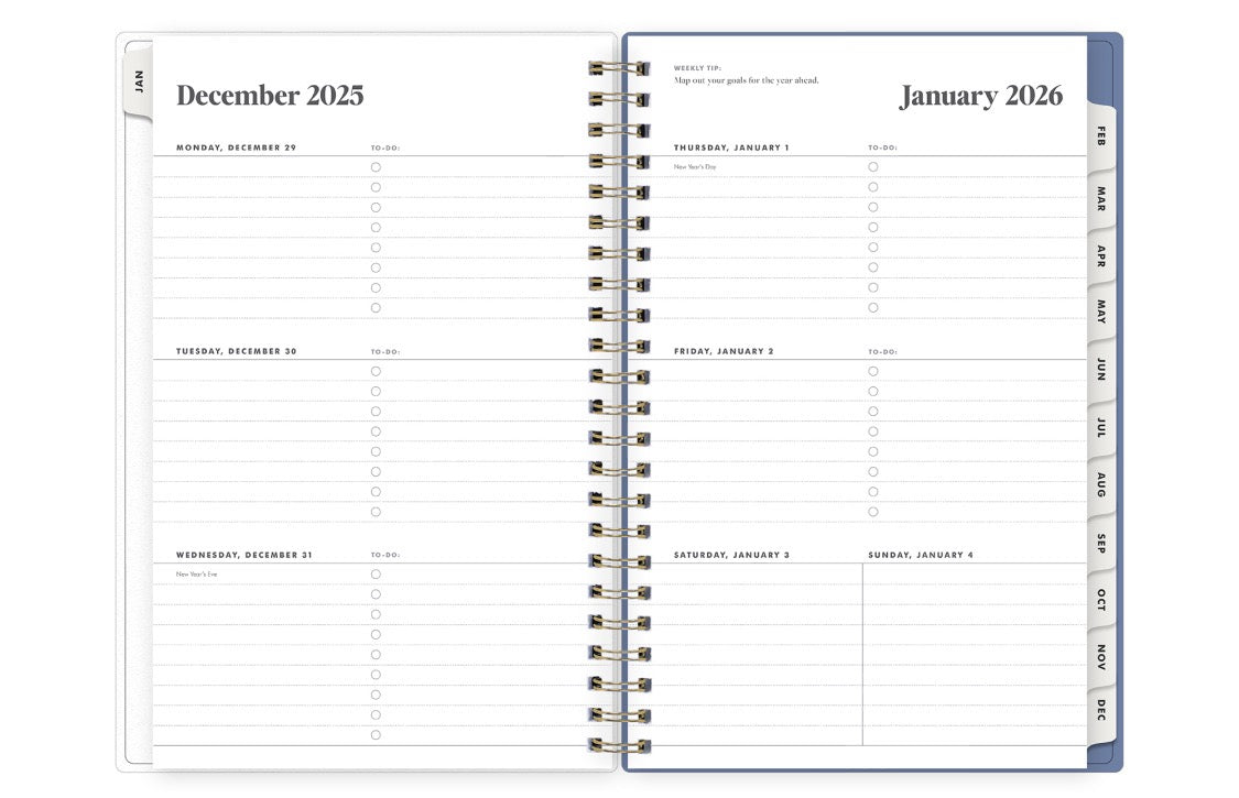 weekly spread with lined writing space, and to do list with monthly white tabs in 5x8 planner