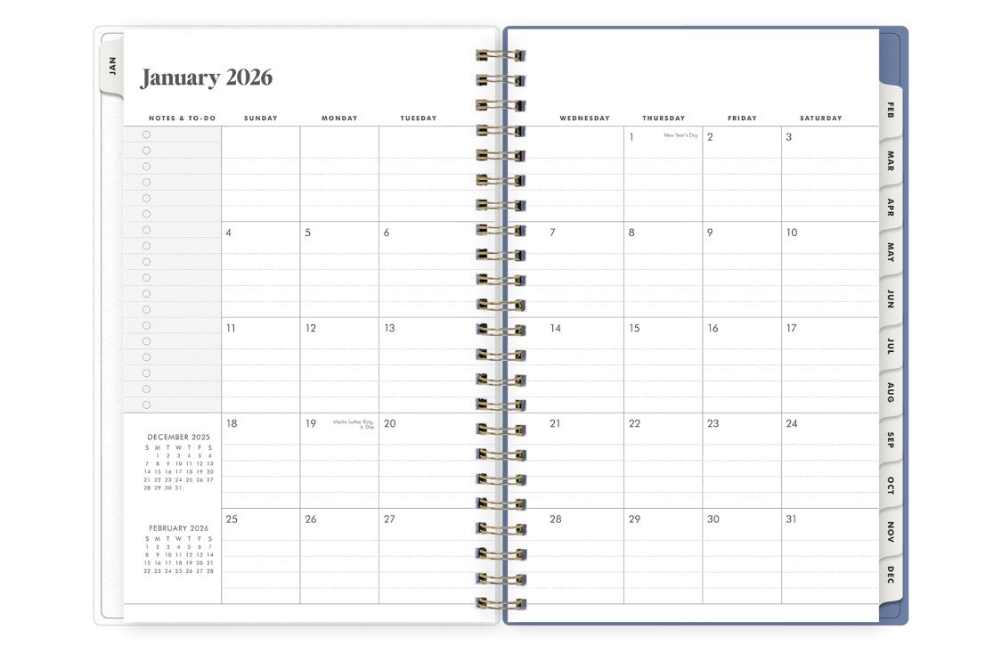 monthly spread with lined writing space, and to do list with monthly white tabs in 5x8 planner size