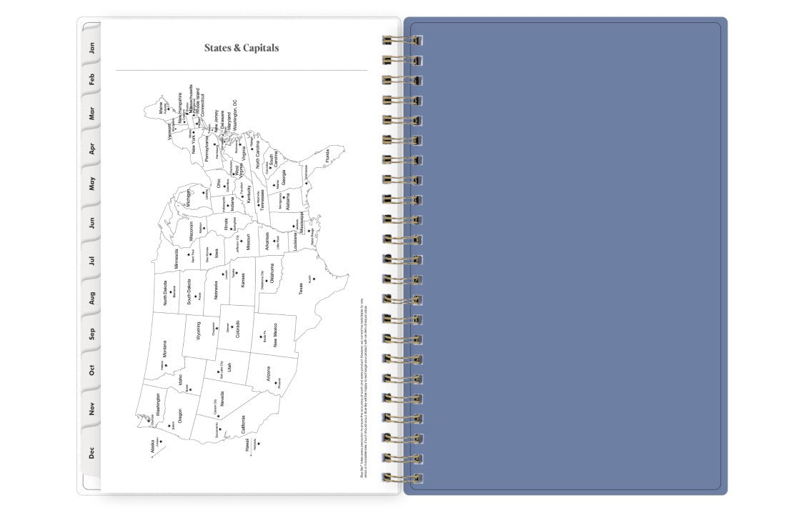Notebook with a map of the United States and capitals on one page, and a blue cover on the other.