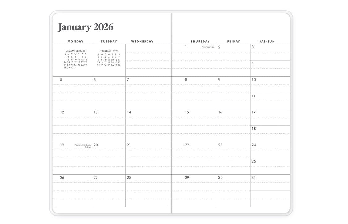 monthly spread with lined writing space
in pocket planner size